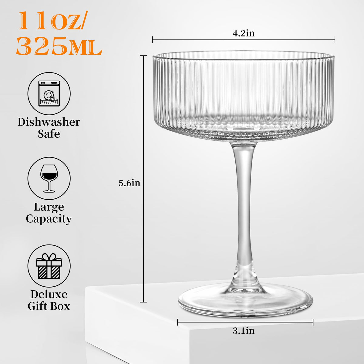 Amyoole lead-free crystal coupe glasses with exceptional clarity and dishwasher-safe durability.
