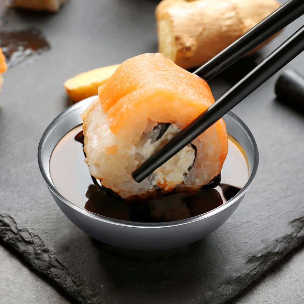 Amytalk dipping bowl on table with condiments for easy dipping.