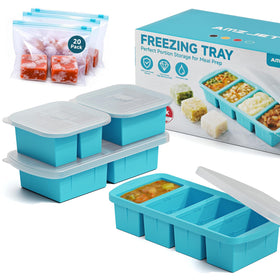 Amz Jet 4-pack silicone freezer trays with lids in blue for organized storage
