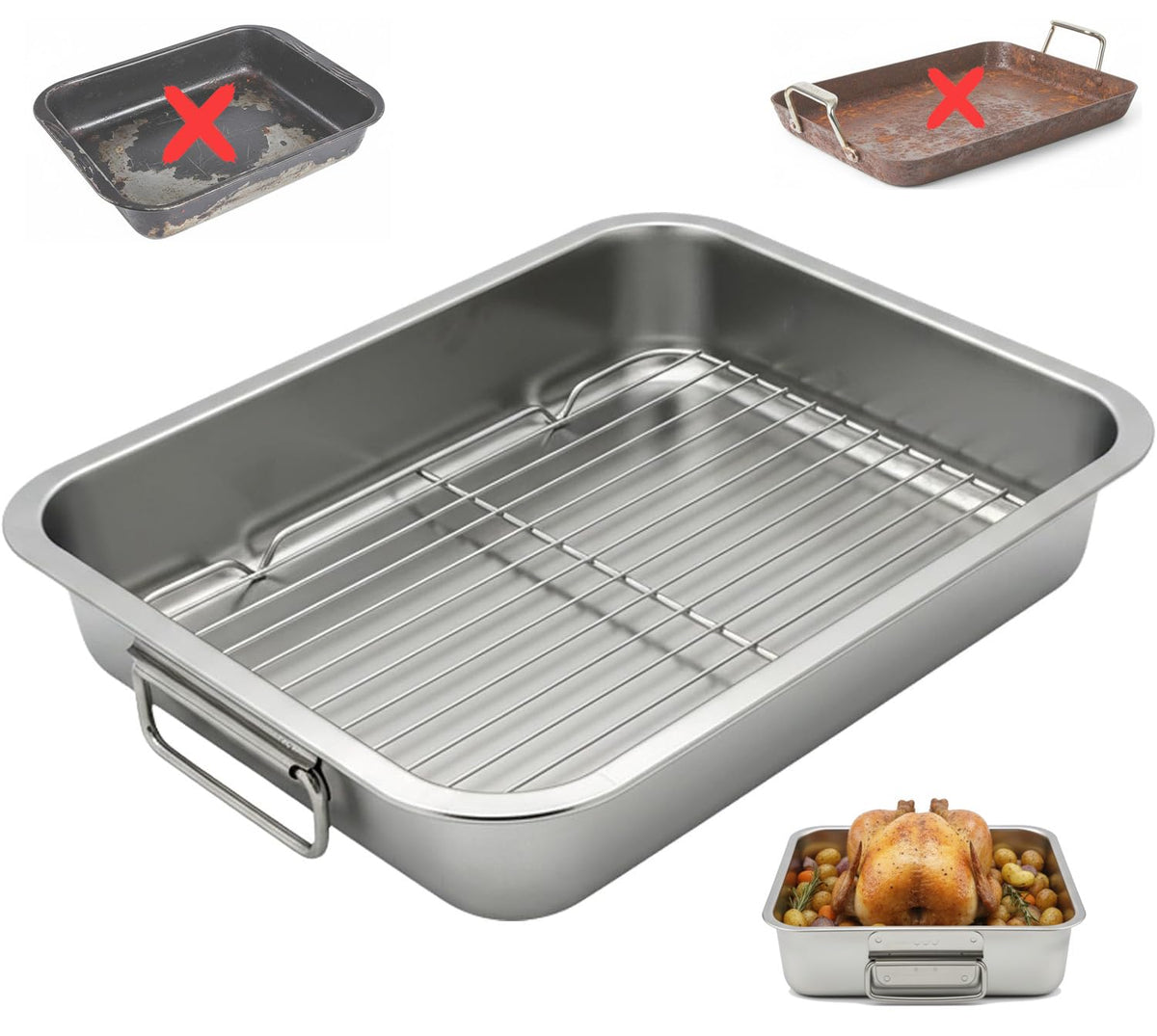 AMZ-UTHHF stainless steel roasting pan with rack and handles for even browning