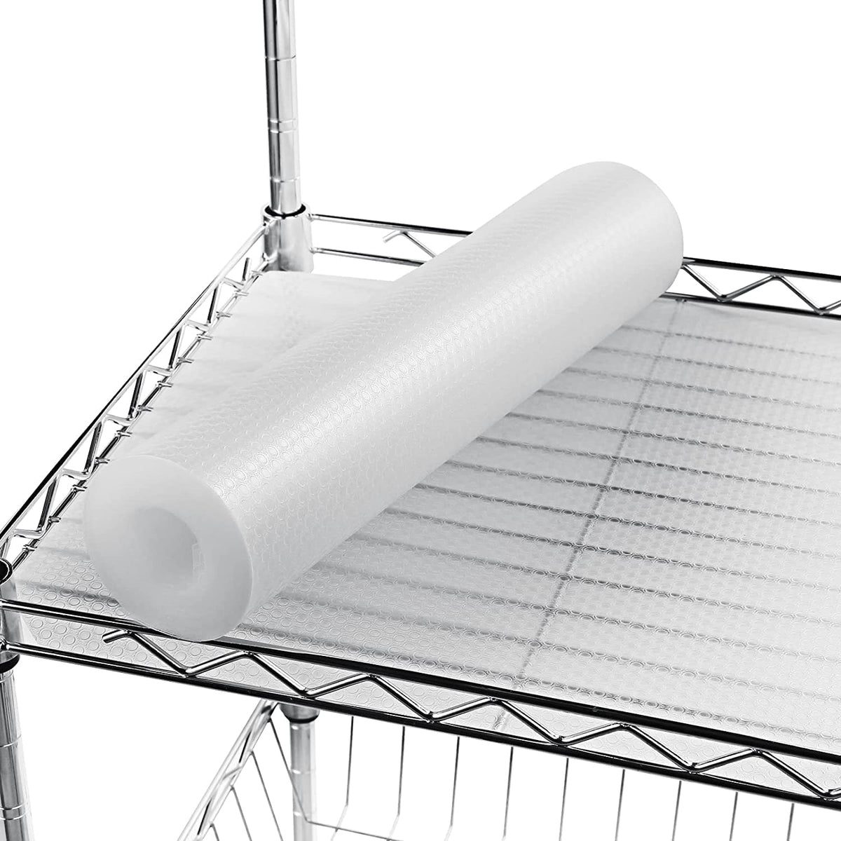 AMZABBY wire shelf liner in clear roll protects shelves and keeps items stable.