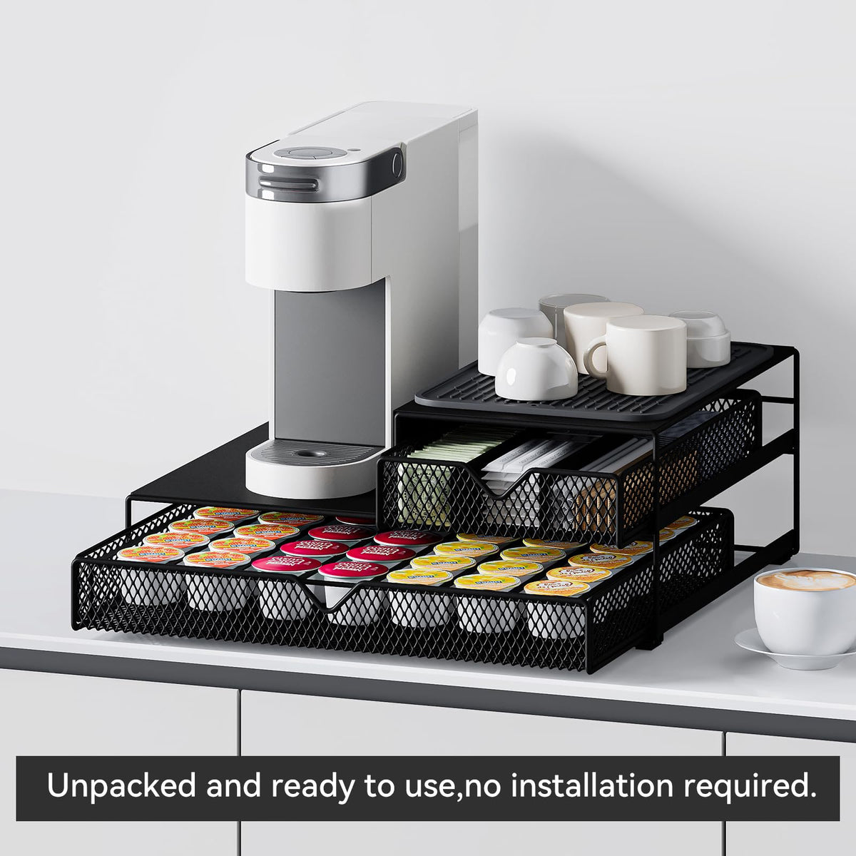 AmzAge K Cup Organizer drawer glides quietly with padded guides