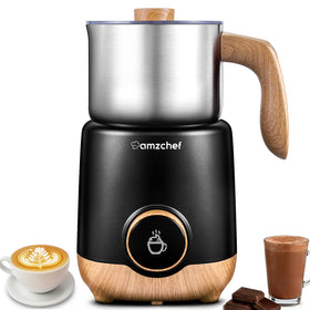 AMZCHEF 8-in-1 milk frother front view, sleek stainless steel for home coffee art