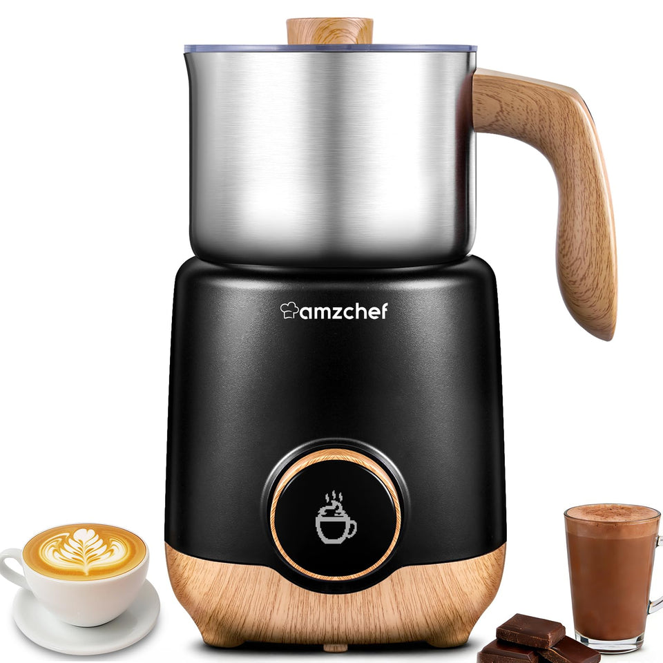 AMZCHEF 8-in-1 milk frother front view, sleek stainless steel for home coffee art