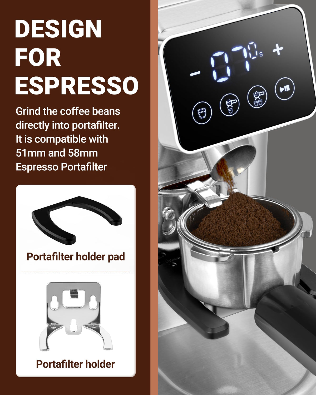 AMZCHEF LED control panel for precise grind timing and cup settings.