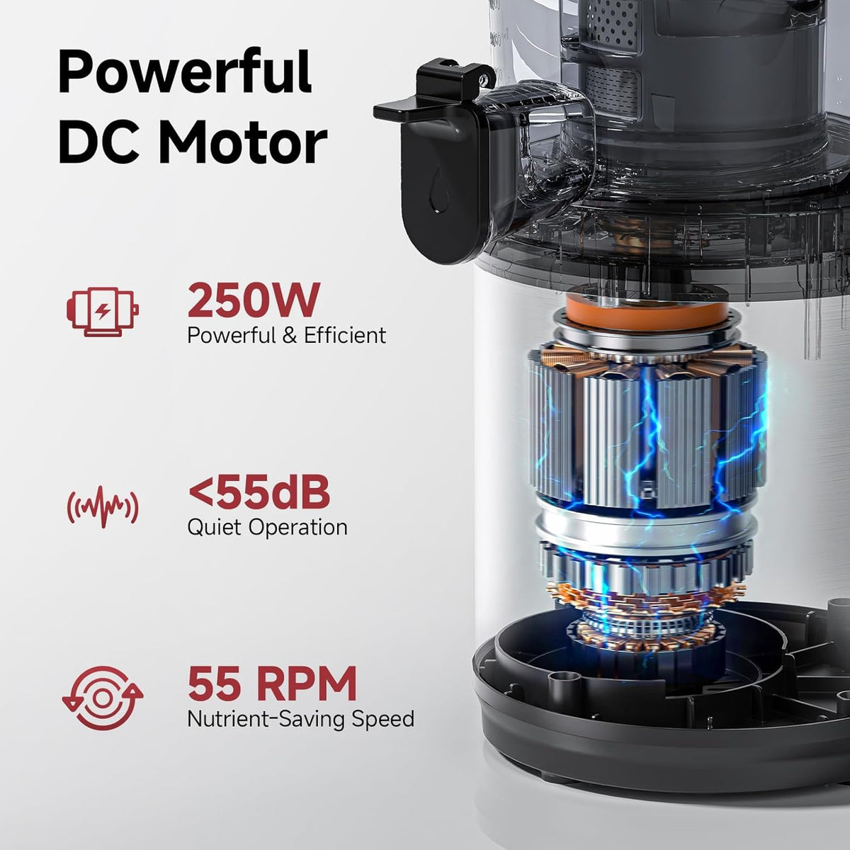 AMZCHEF juicer quiet motor at 55dB enables silent mornings