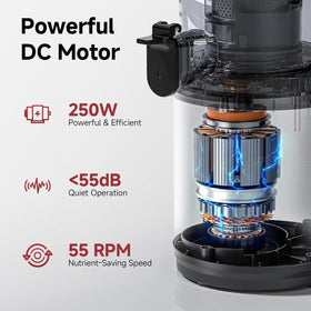 AMZCHEF juicer quiet motor at 55dB enables silent mornings