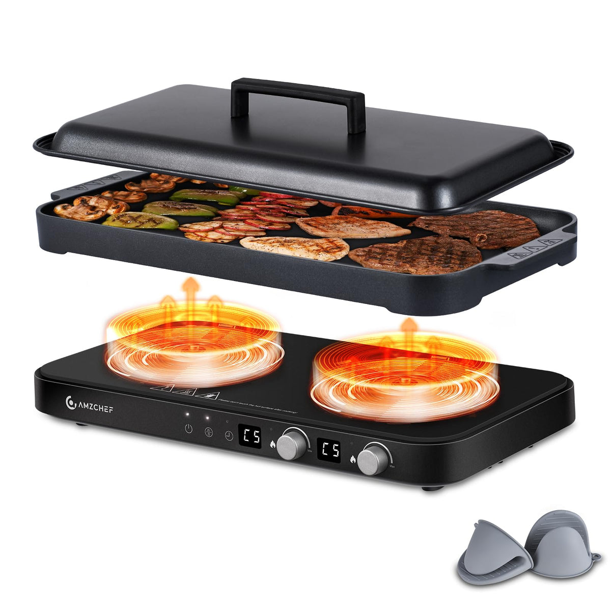 AMZCHEF double induction left burner provides precise control for fast meals.