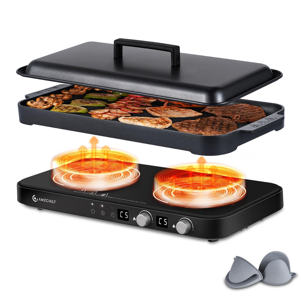 AMZCHEF double induction left burner provides precise control for fast meals.