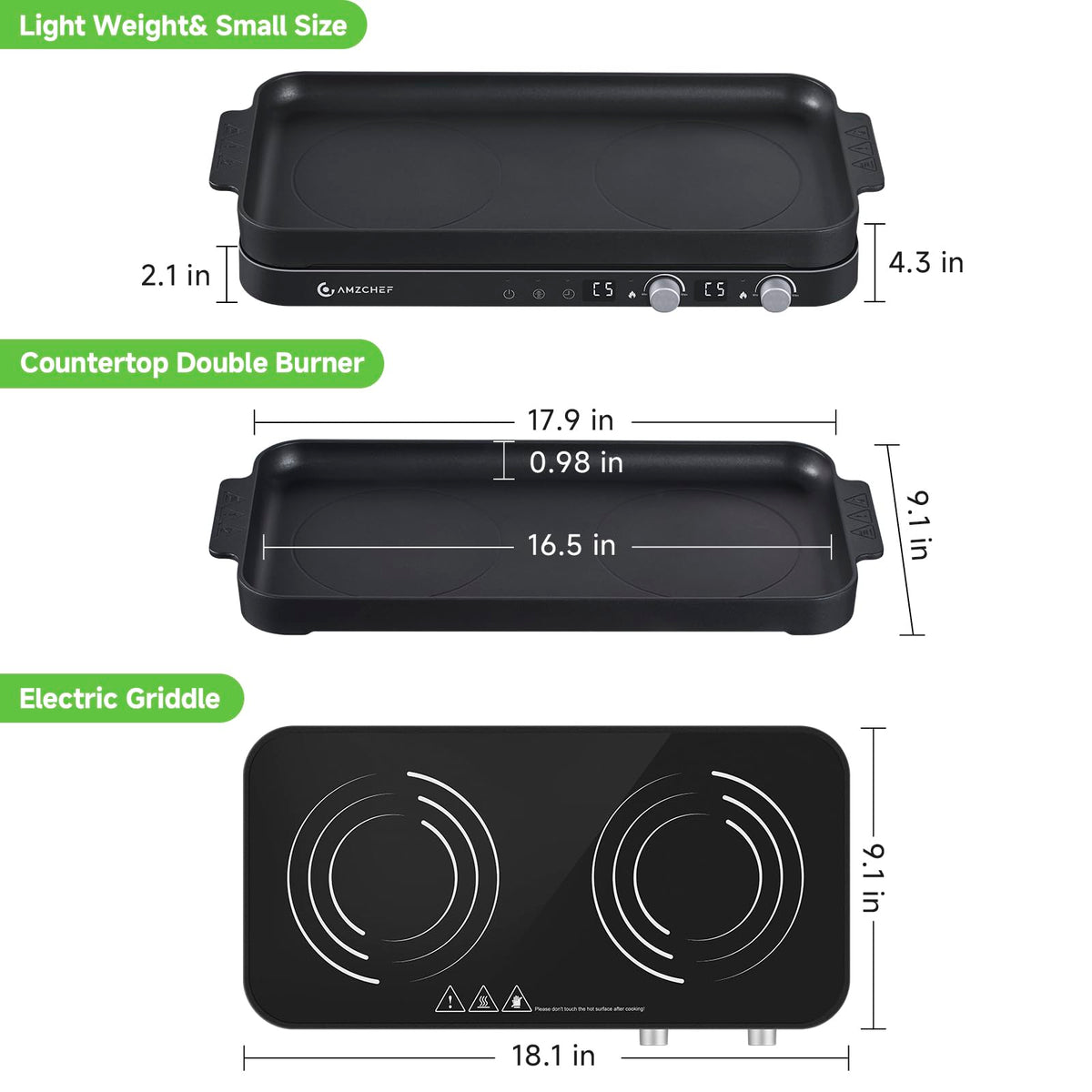 AMZCHEF double induction right burner enables multitasking with separate heat zones.
