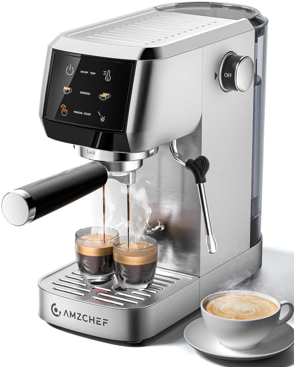 AMZCHEF espresso machine with 20-bar pressure for rich crema at home.