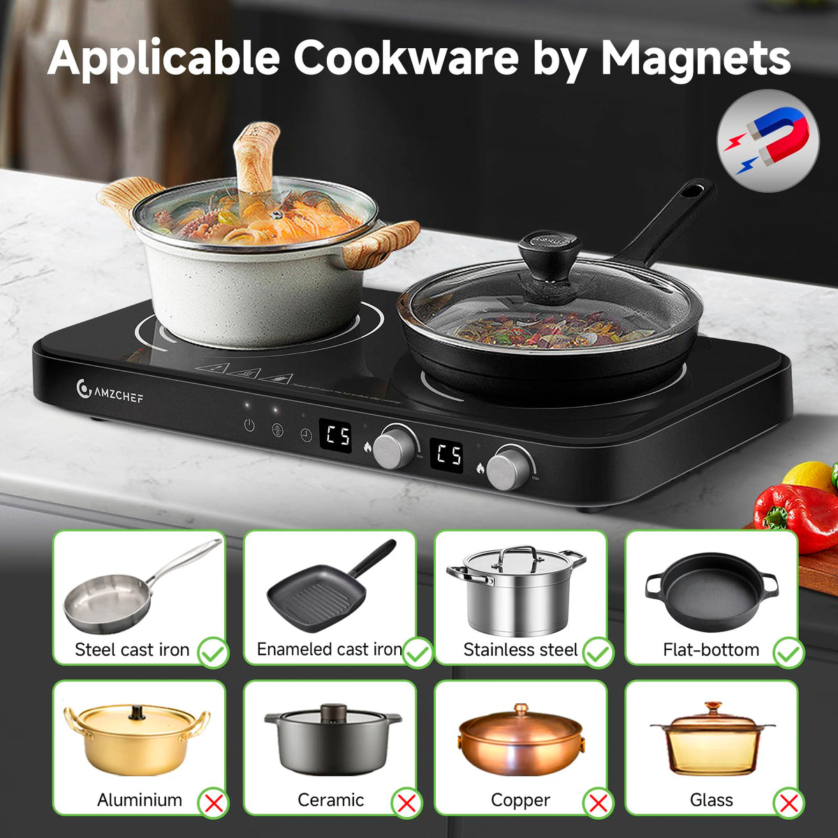 AMZCHEF removable griddle pan delivers versatile cooking and easy cleaning.