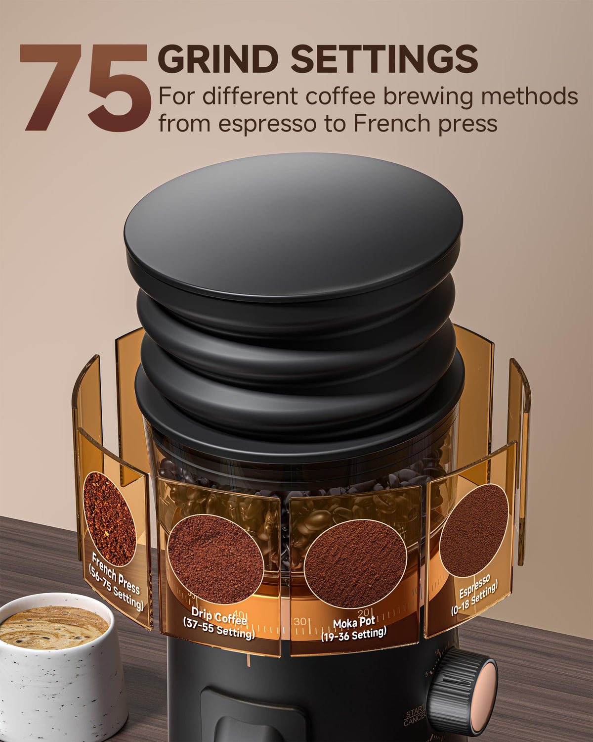 AMZCHEF grinder showing 75-step settings for precise brew control.