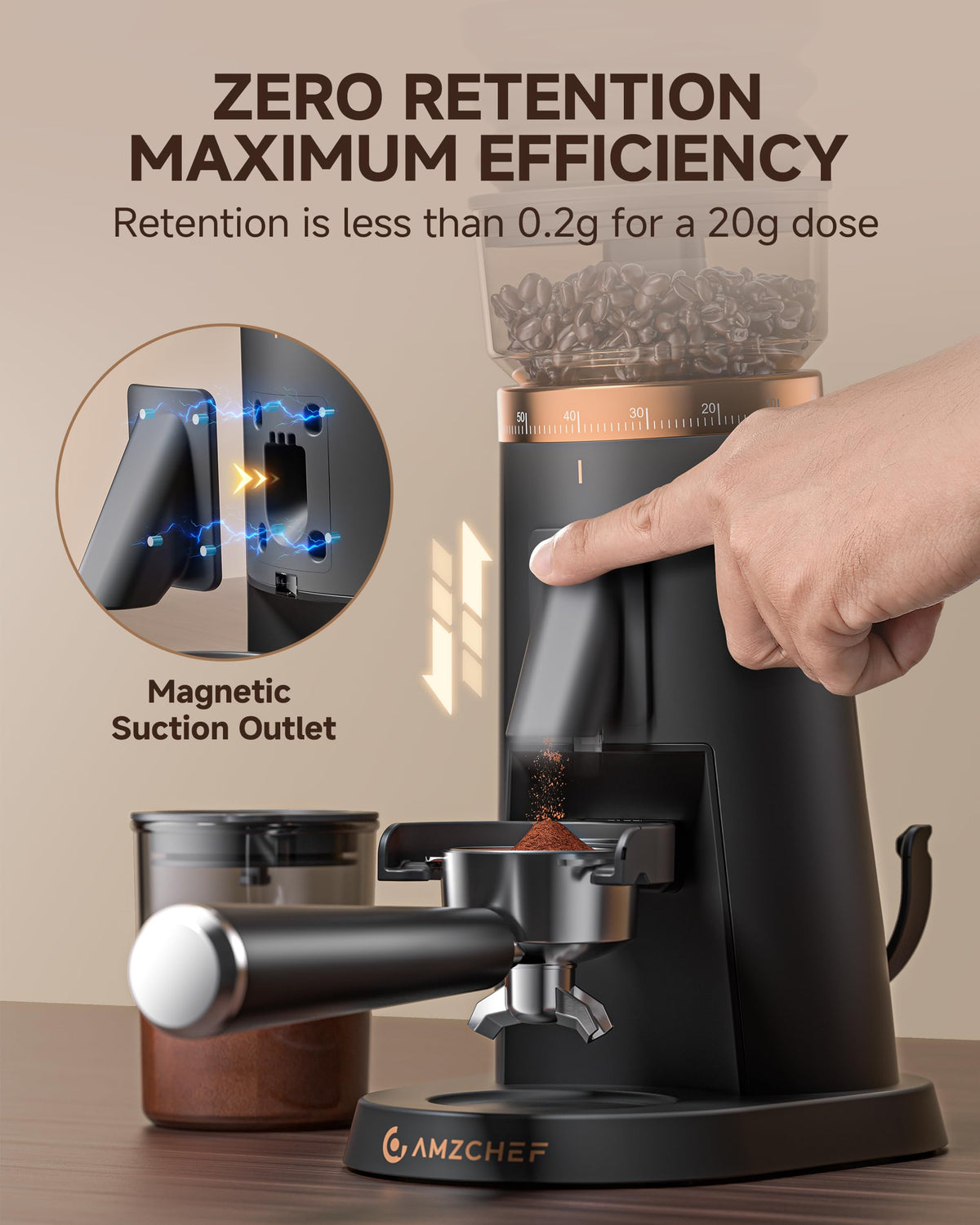AMZCHEF grinder with anti-static design to prevent clumping.