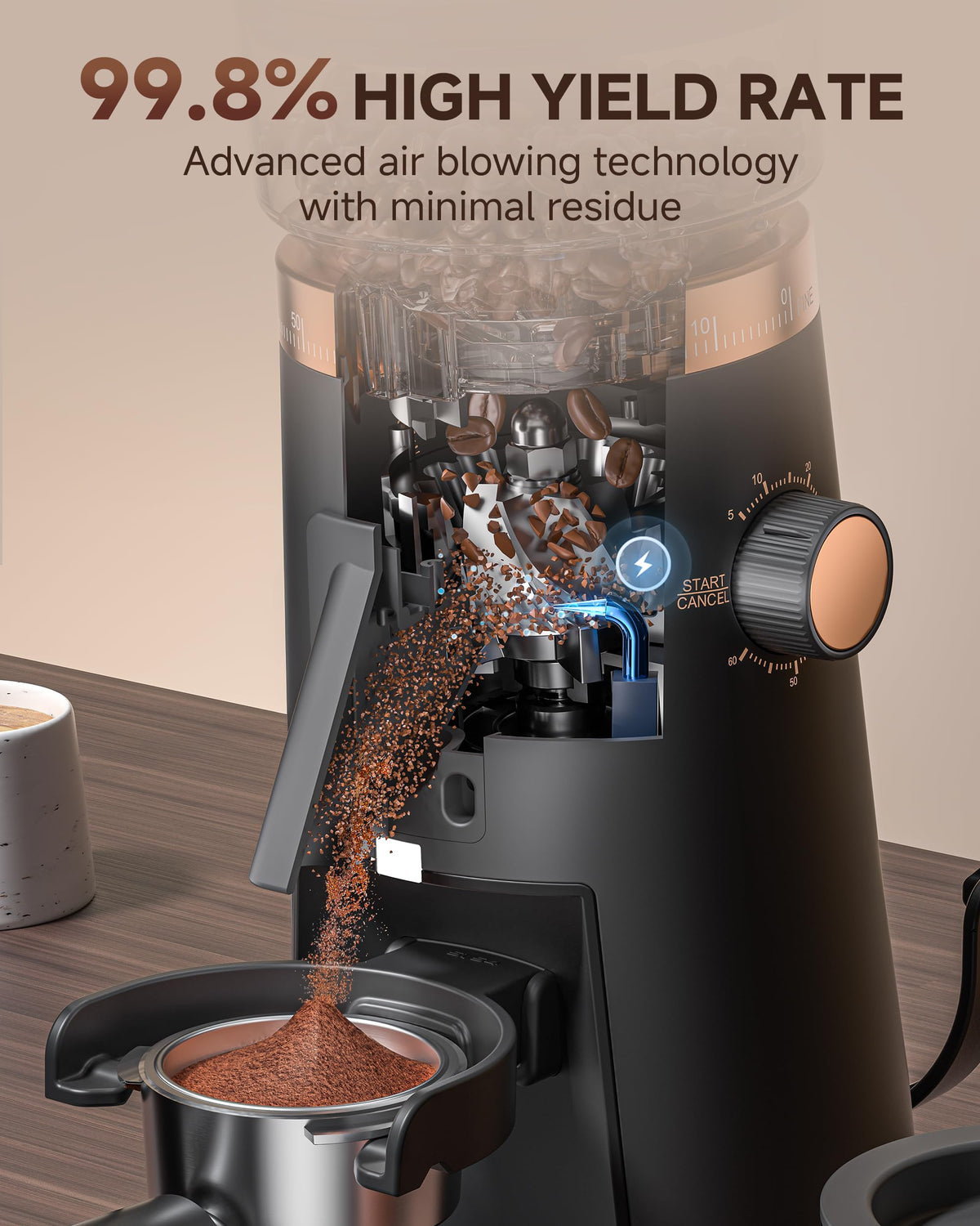 AMZCHEF grinder with detachable magnetic outlet for easy cleaning.
