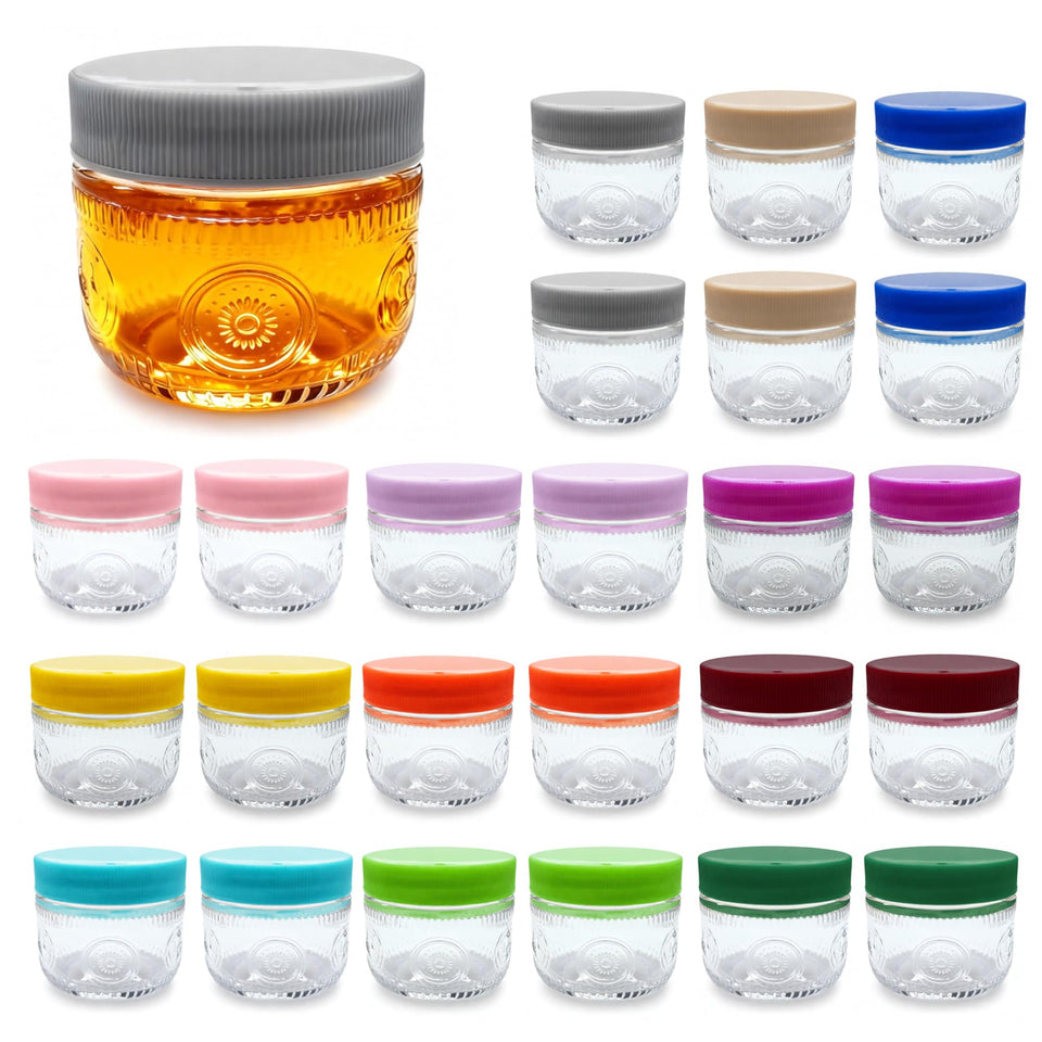 Amzcku 2 oz mini glass mason jar with colored lids for versatile storage.
