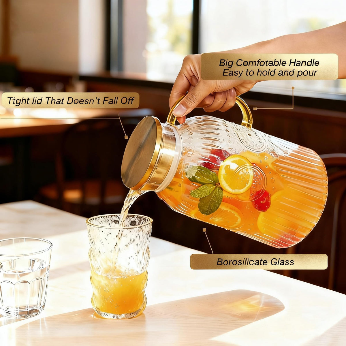 Amzcku heat-resistant glass pitcher safely holds hot or cold drinks.