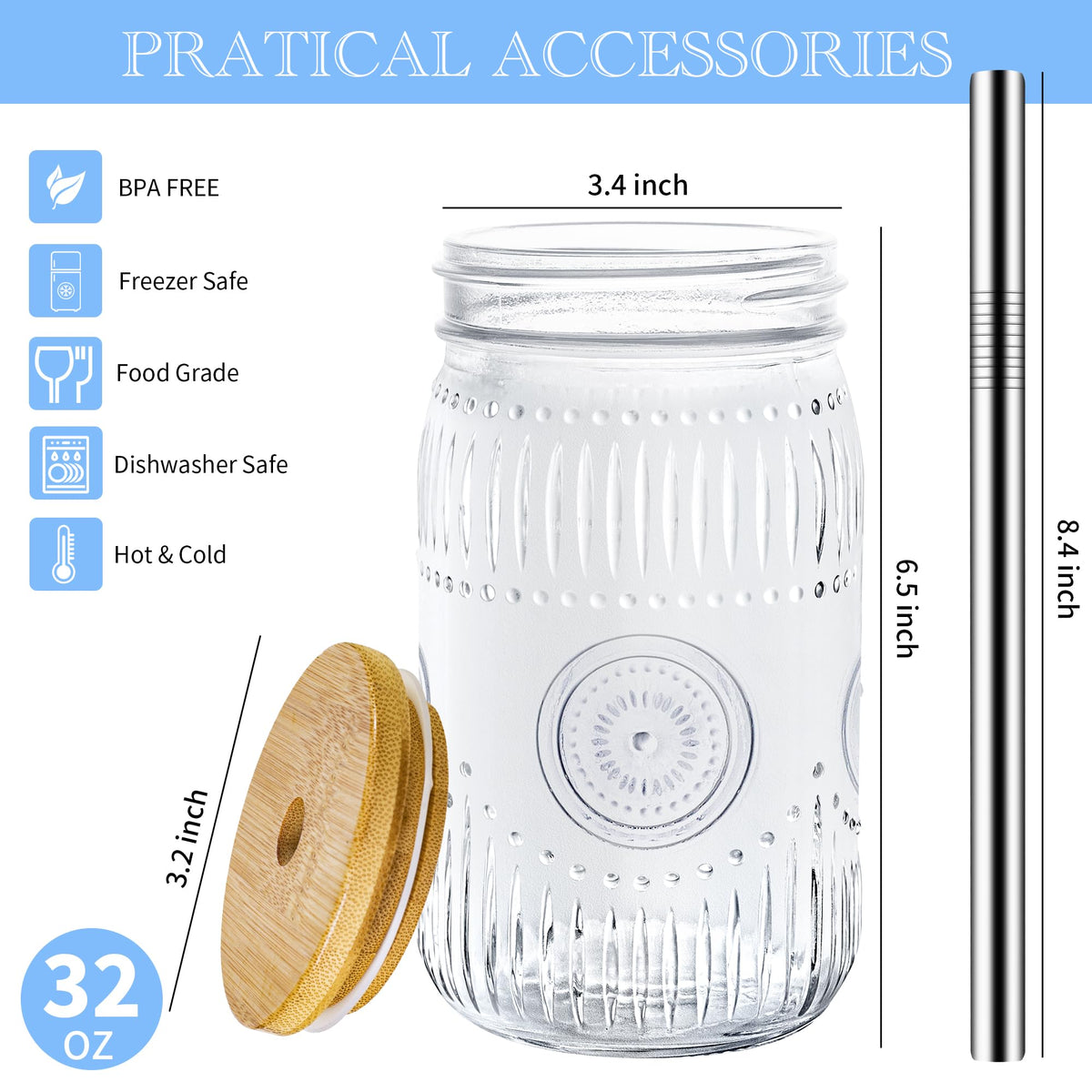 Amzcku wide-mouth 32oz mason jar perfect for large smoothies or iced drinks.