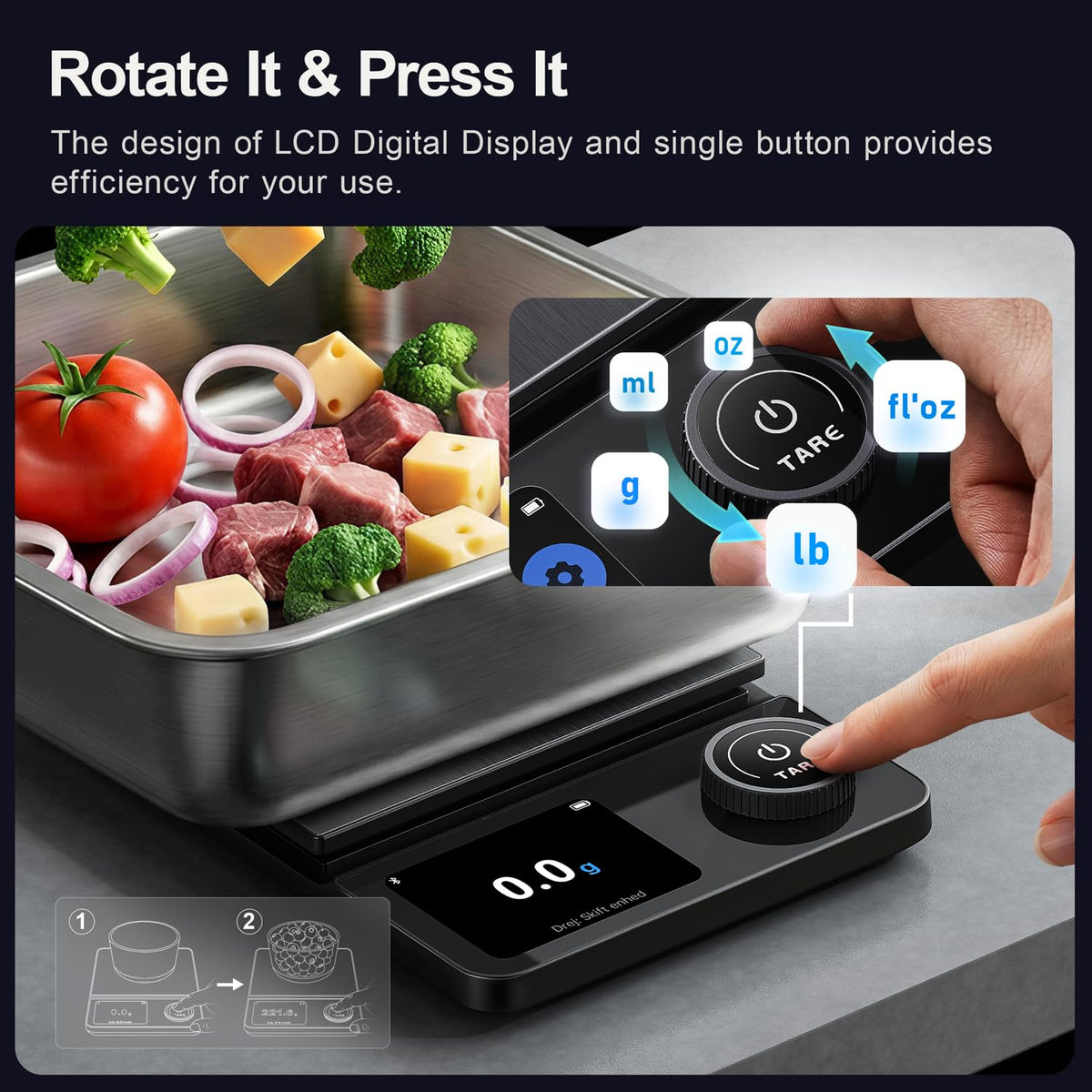 Amzmerit smart scale app interface with barcode scanning and unit switching