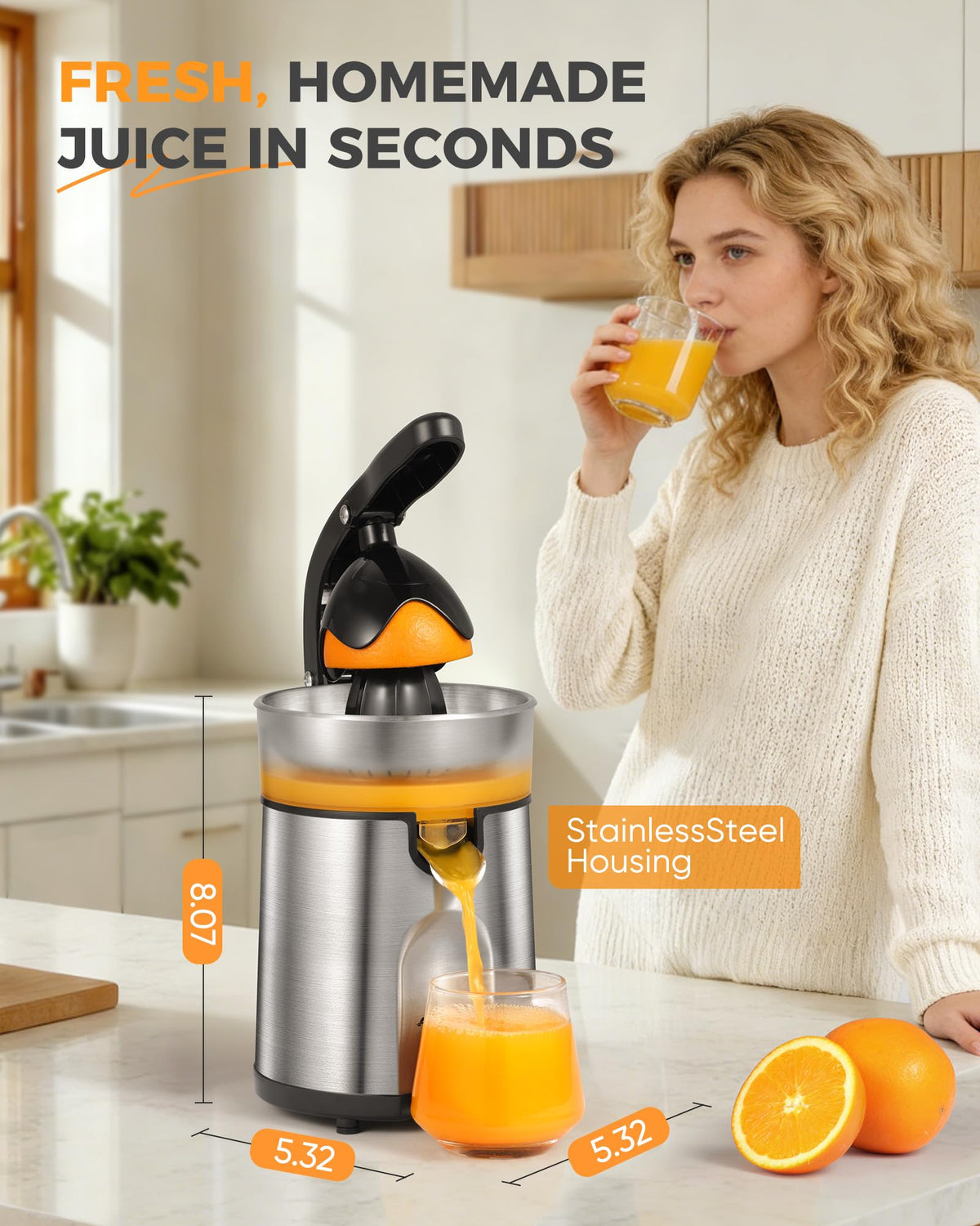 Amzpass juicer clear collector shows juice level for precise pouring.