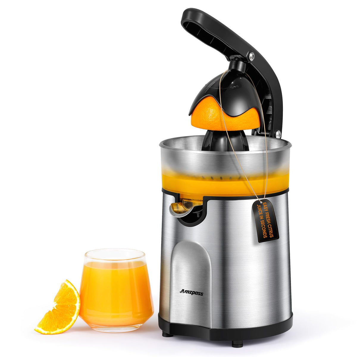 Amzpass electric orange juicer exterior with stainless steel body for durable daily use.