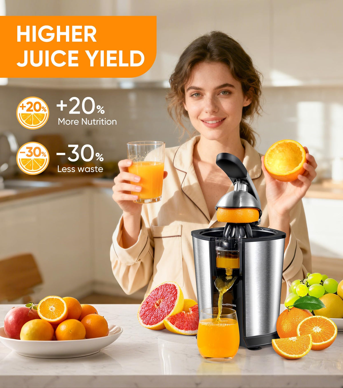 Amzpass orange juicer with two cones enables precise juicing for lemons to grapefruits