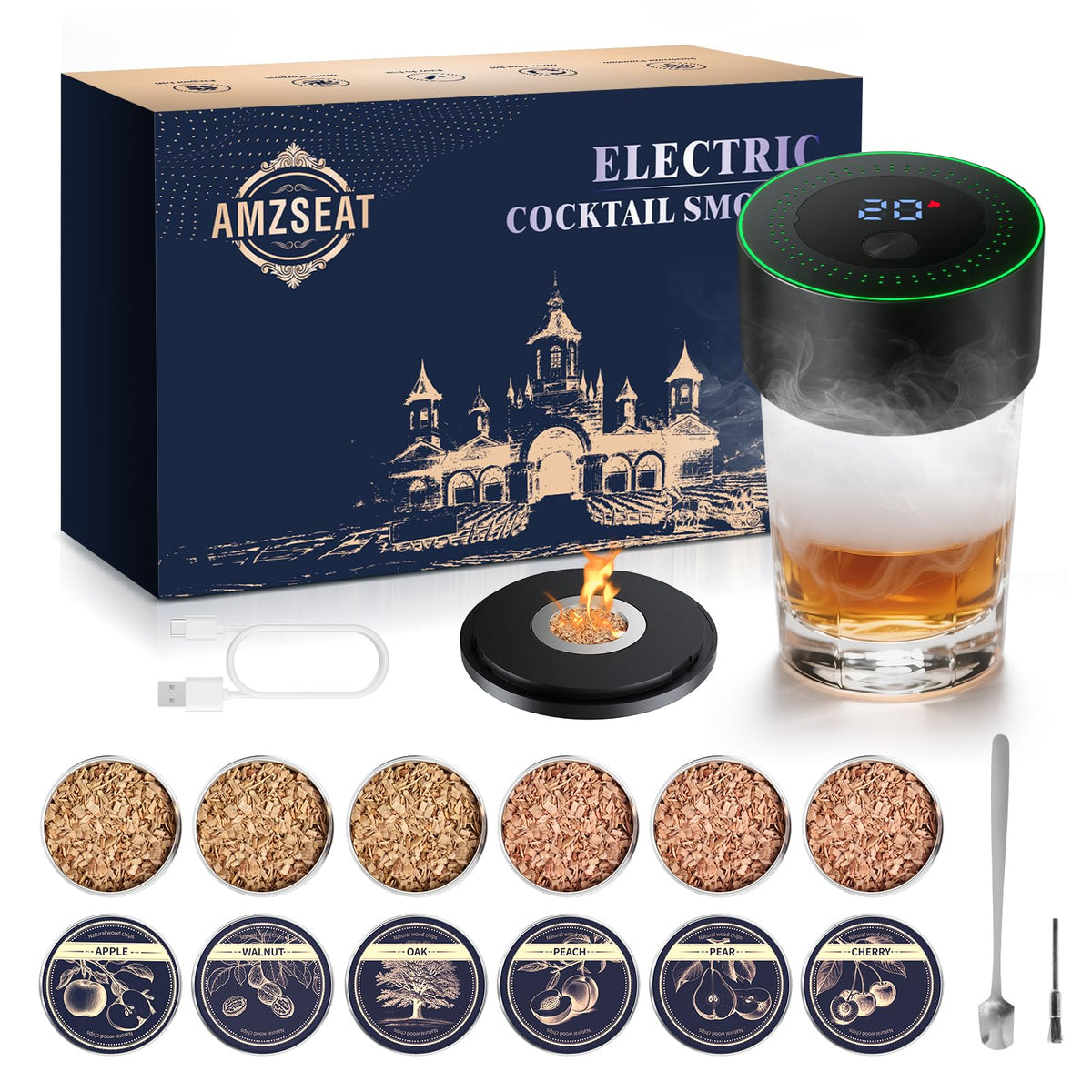 Amzseat electric whiskey smoker bottle pour demonstrates smoky aroma for cocktails.