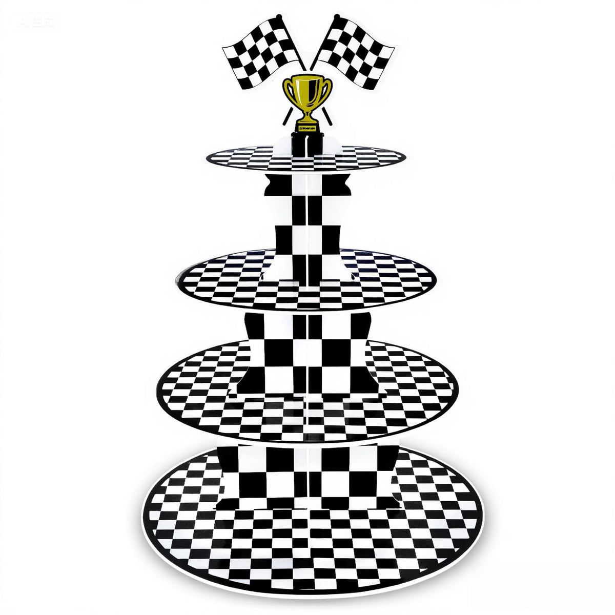 AMZWKT 4-Tier Race Car Cupcake Stand displays cupcakes on a racing themed party table