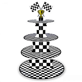 AMZWKT 4-Tier Race Car Cupcake Stand displays cupcakes on a racing themed party table