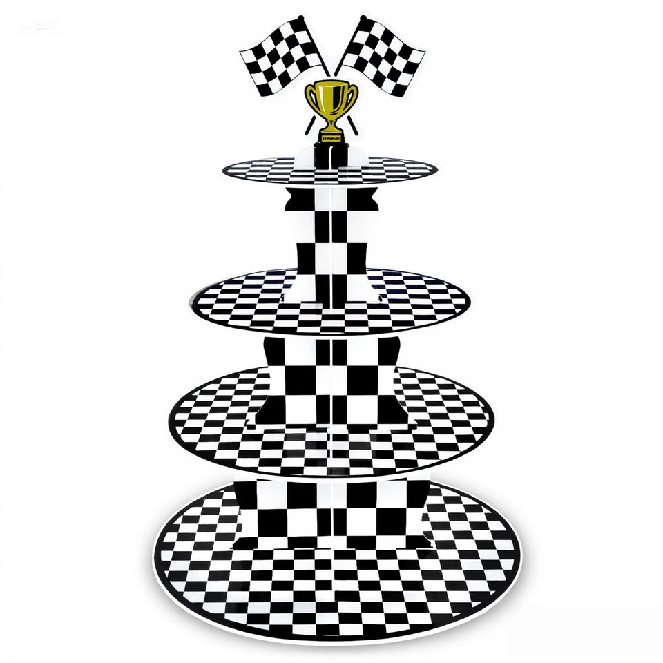 AMZWKT 4-Tier Race Car Cupcake Stand displays cupcakes on a racing themed party table