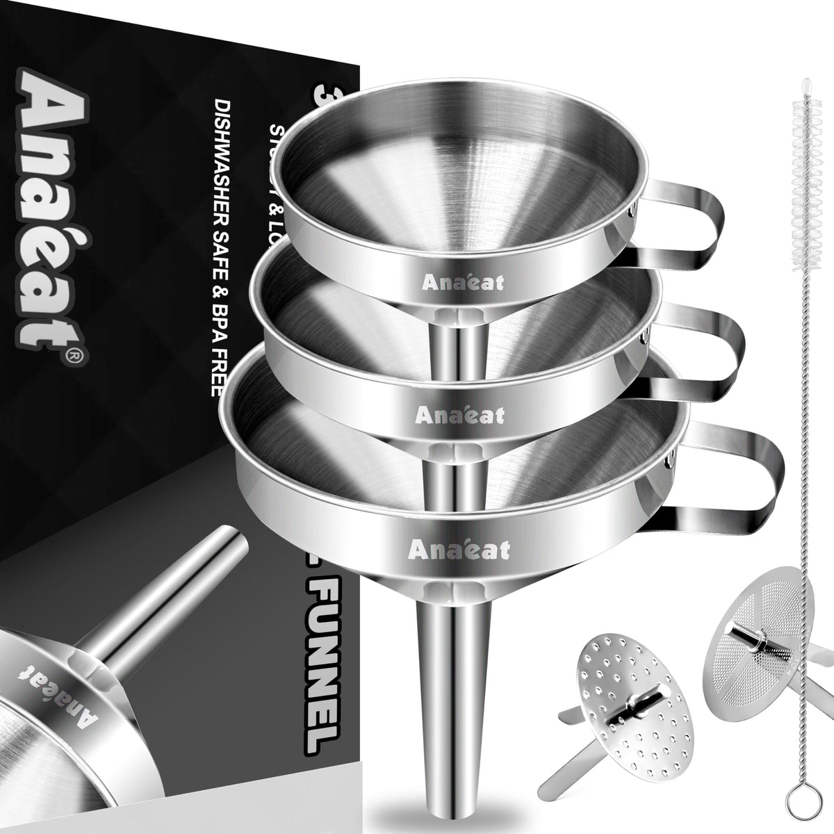 Anaeat 3-pack funnels set, wide view to prevent spills during transfers