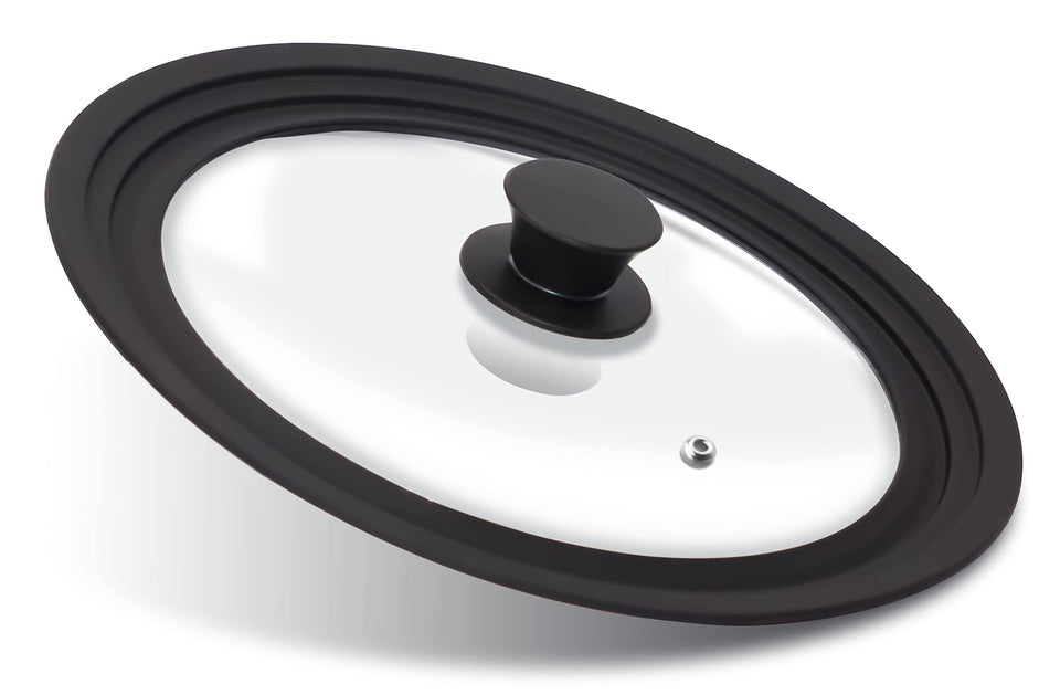 Anaeat universal lid on an 11-inch pot, clear glass view and heat-resistant silicone edge.