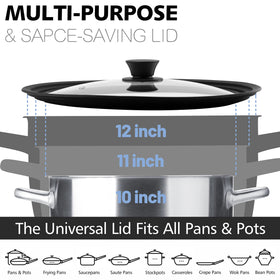 Anaeat universal lid demonstrating 10, 11, 12 inch fit across cookware