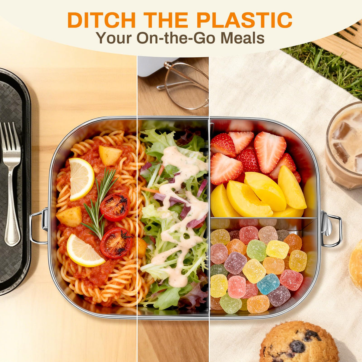 High-capacity 49oz bento box ideal for lunches, picnics, or multi-dish meals.