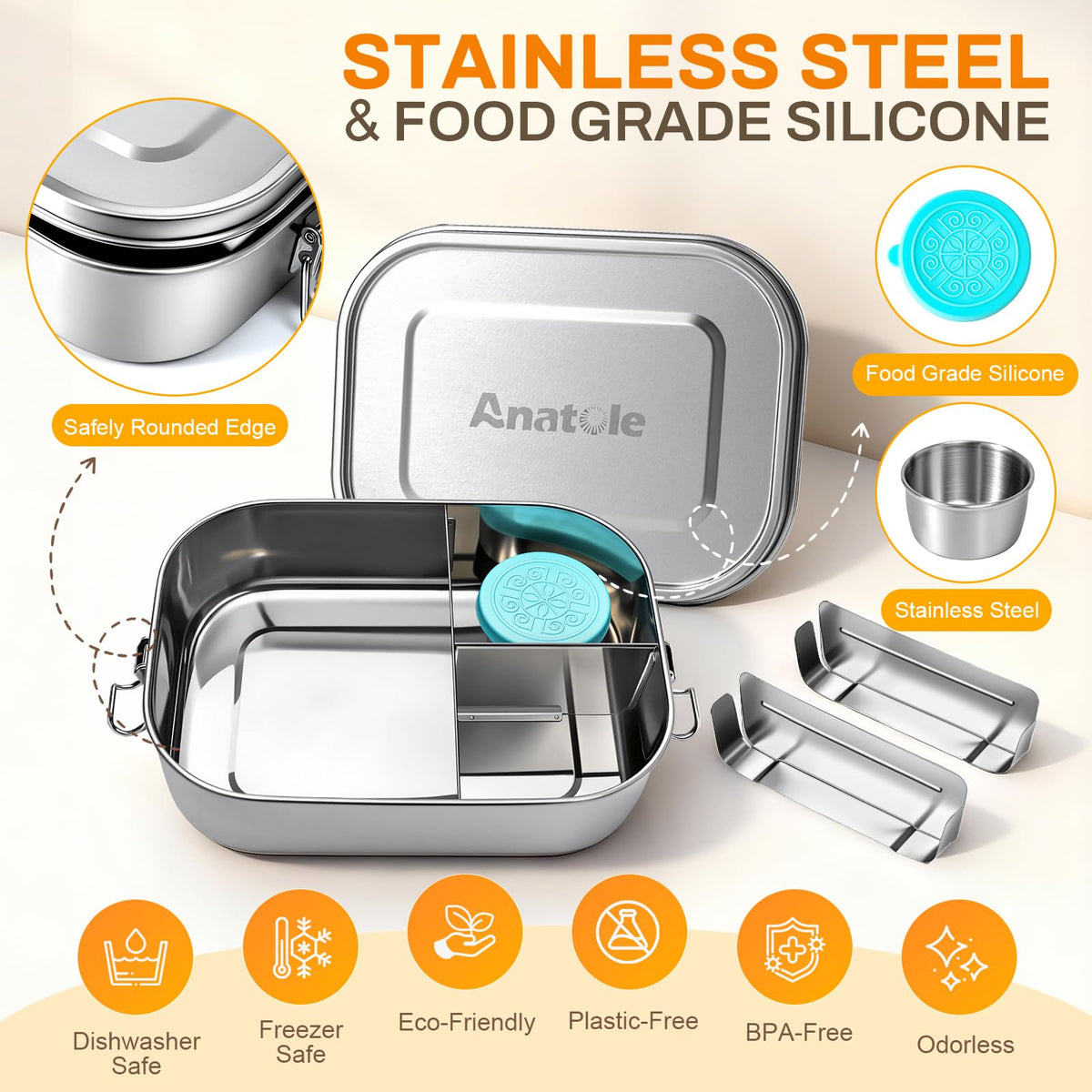 Leakproof lid with two locking clips on the Anatole bento box to prevent spills.