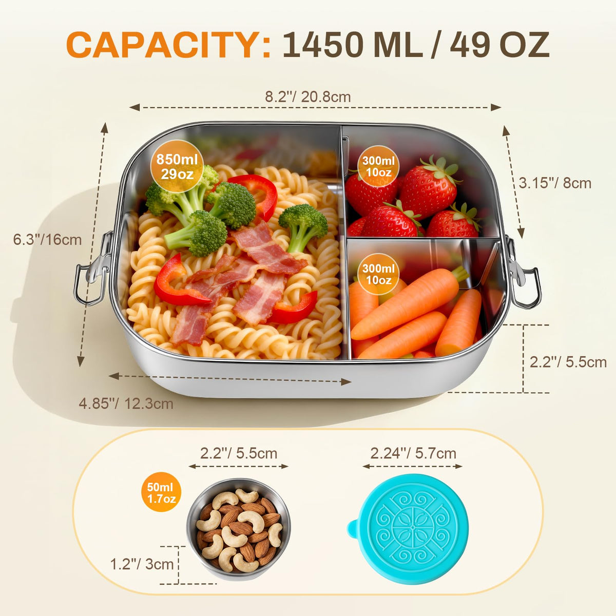 Anatole bento box with three fixed compartments for versatile meal layouts at work.