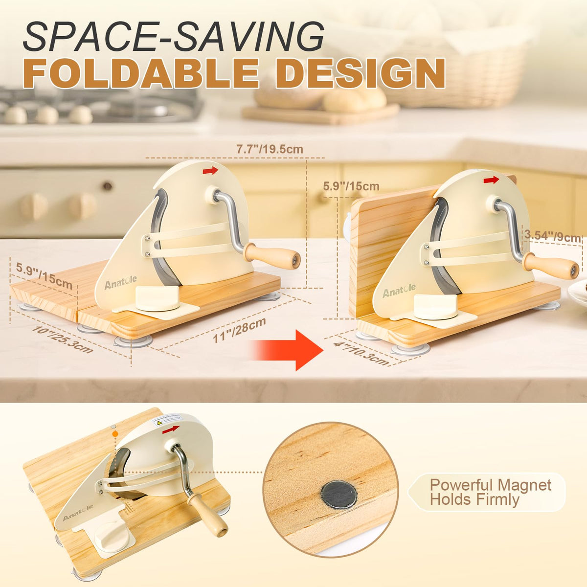 Anatole bread slicer with engraved scale for consistent slices.