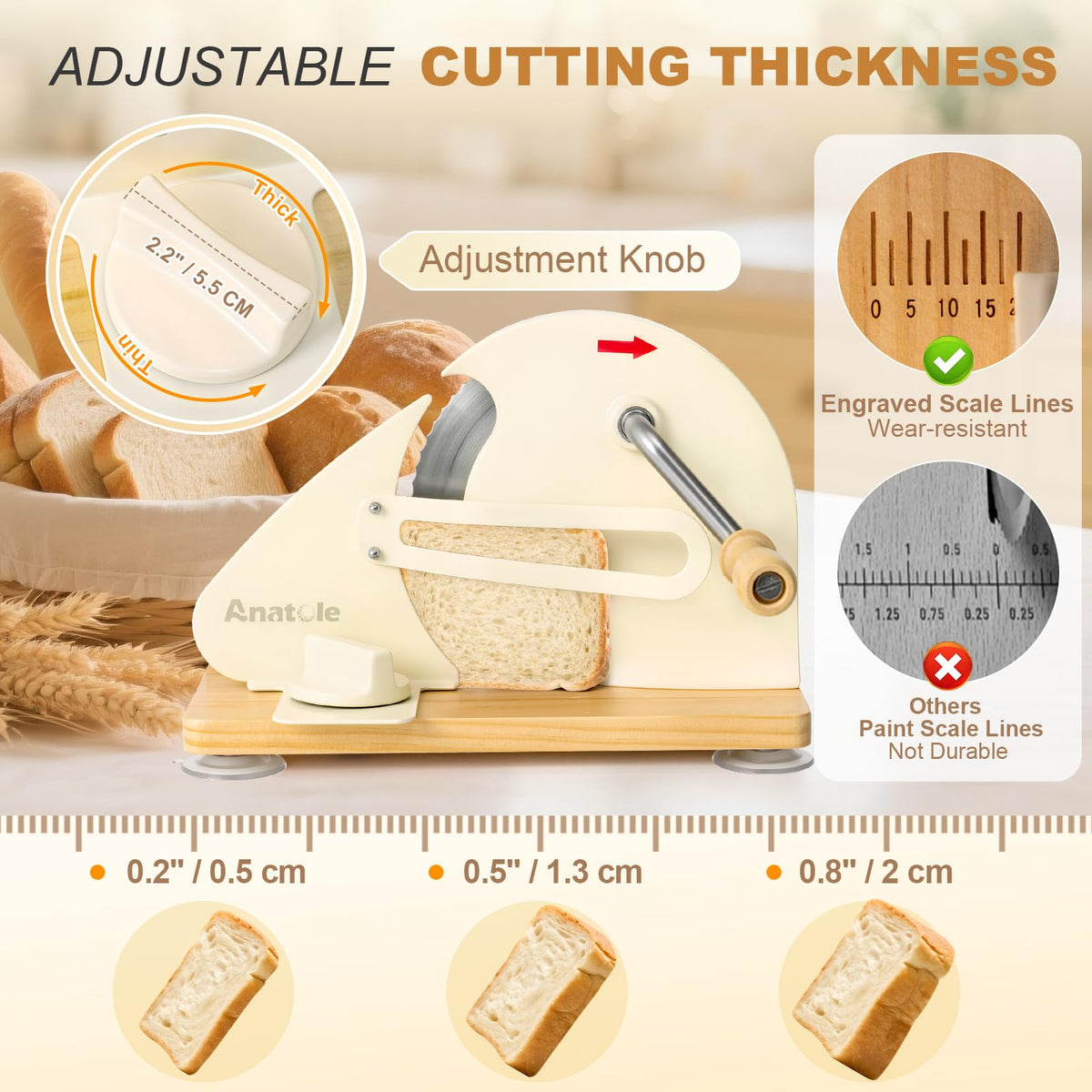 Anatole stainless steel blade cuts crusts neatly and evenly.