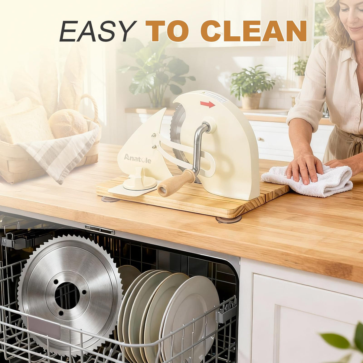 Anatole wooden base provides sturdy support during safe slicing.