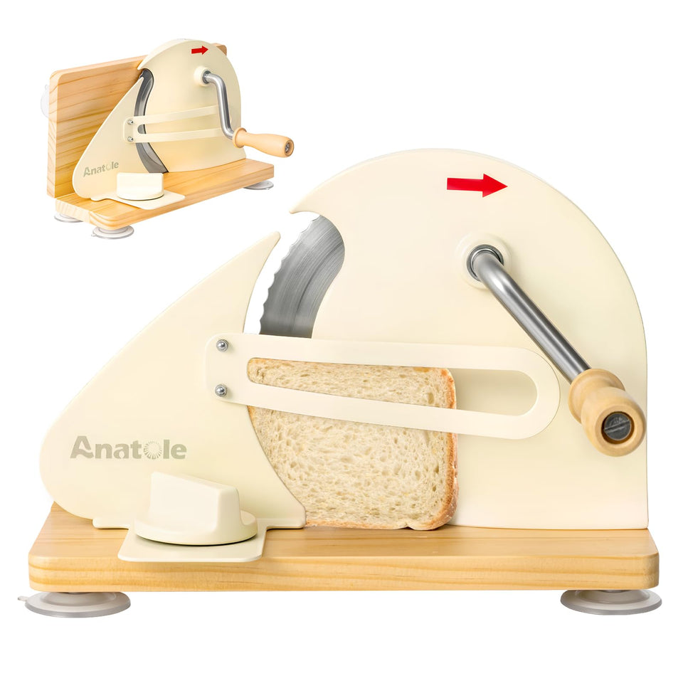 Anatole foldable bread slicer with a compact base fold for easy storage.