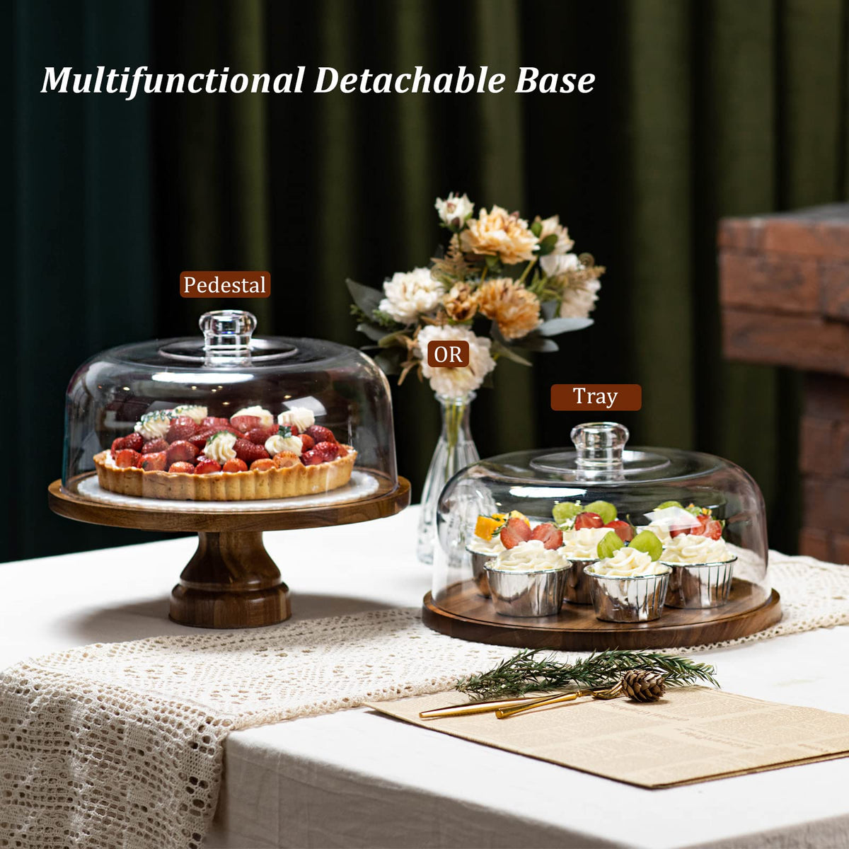 ANBOXIT acacia wood cake plate with warm finish and stable display on countertops