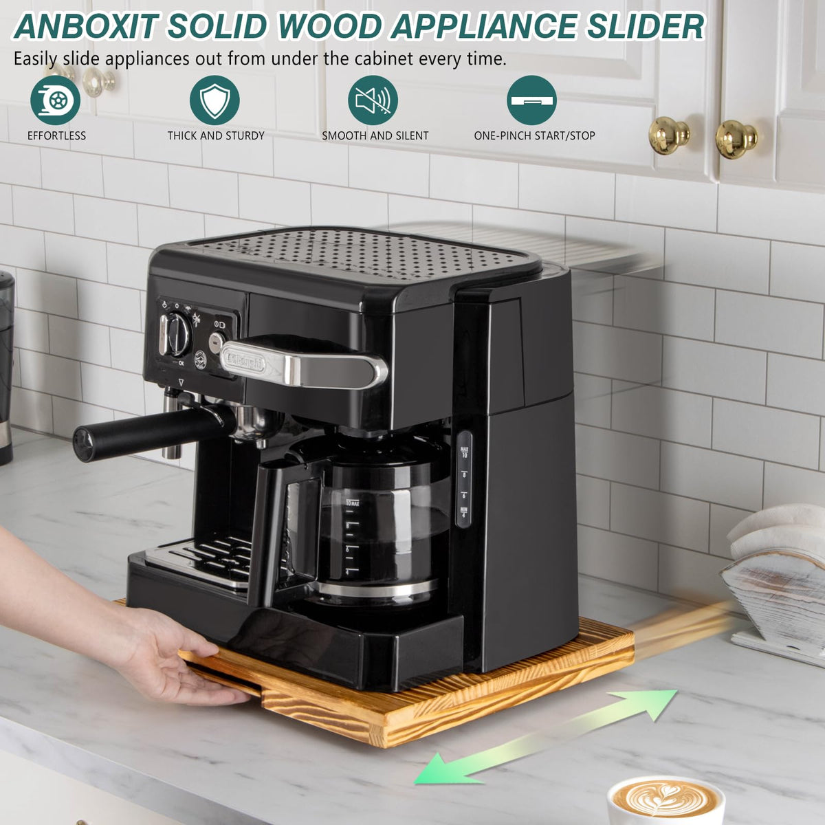 Wide wooden tray supports heavy appliances without scratching countertops.