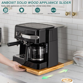 Wide wooden tray supports heavy appliances without scratching countertops.
