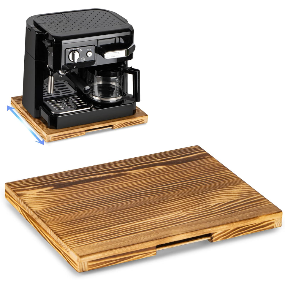 ANBOXIT Appliance Slider with rustic brown finish slides smoothly for easy coffee maker access.