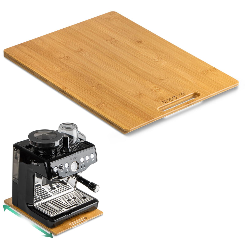 ANBOXIT Bamboo Appliance Slider front view showing smooth motion for easy access and decluttering.