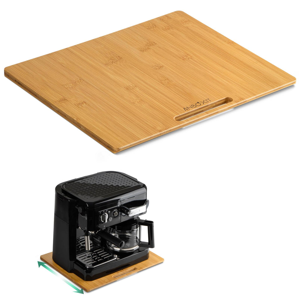 ANBOXIT bamboo appliance slider side view shows smooth rolling motion for heavy coffee maker