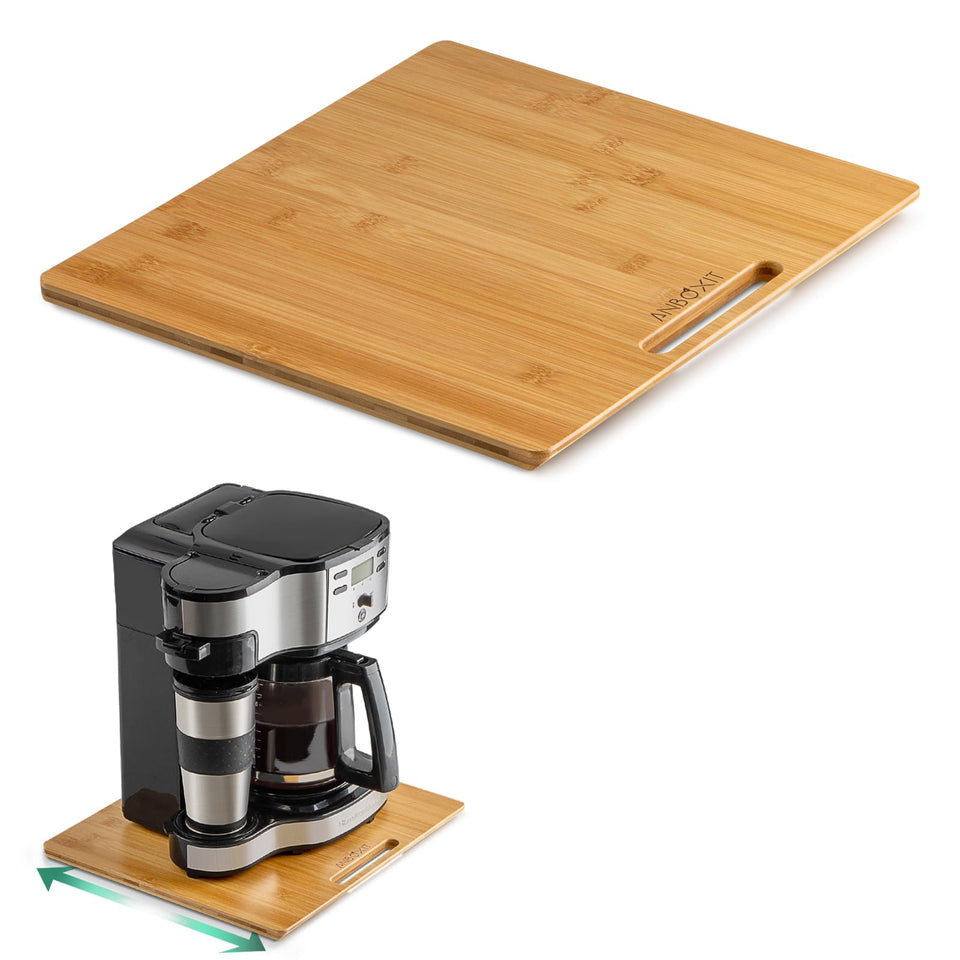 ANBOXIT bamboo appliance slider side view shows smooth glide for heavy coffee maker