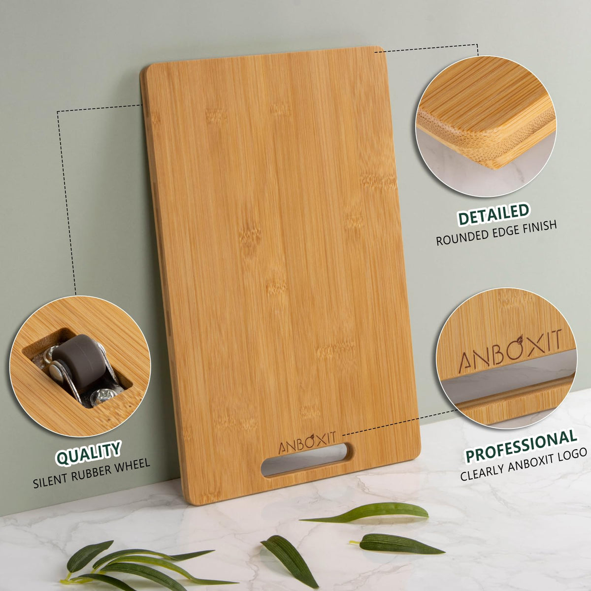 ANBOXIT Bamboo Appliance Slider close-up shows silent rolling wheels.