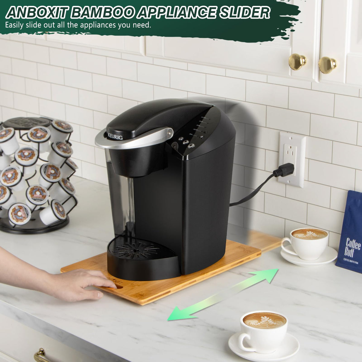 ANBOXIT Bamboo Appliance Slider in use with a coffee maker for easy access.