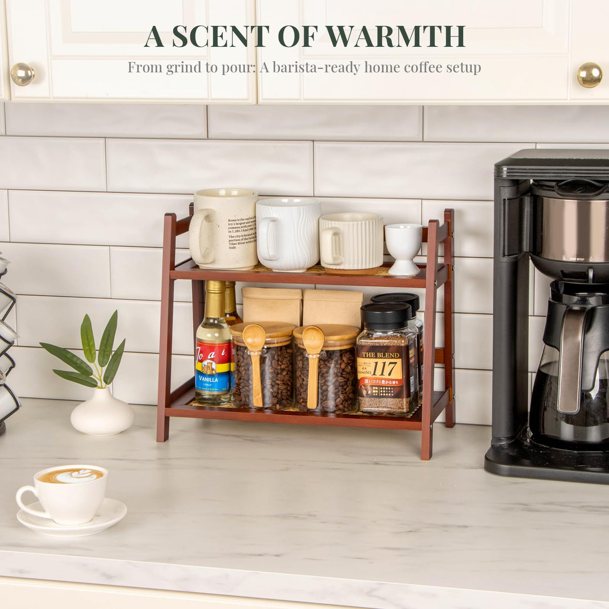 ANBOXIT brown bamboo countertop organizer blends with any kitchen decor.